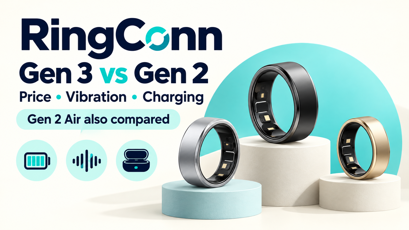 Conceptual illustration comparing RingConn Gen 3, Gen 2 and Gen 2 Air on price, vibration and charging; not a photograph of the products.